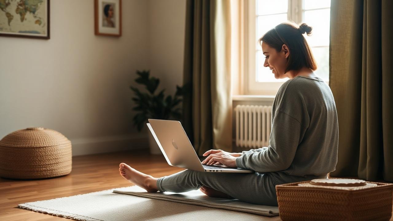 A woman in a live online session at home, laptop open on a mat