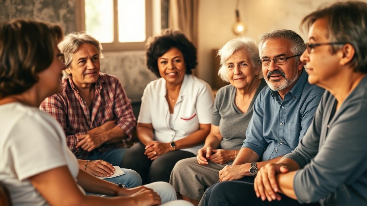 A small circle of people of different ages in conversation