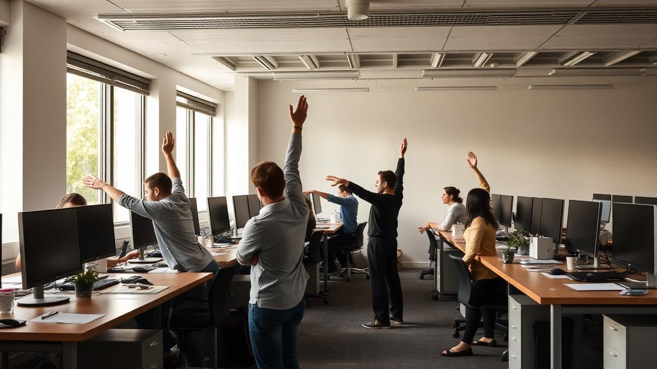 Colleagues stretching beside their desks during a quiet break