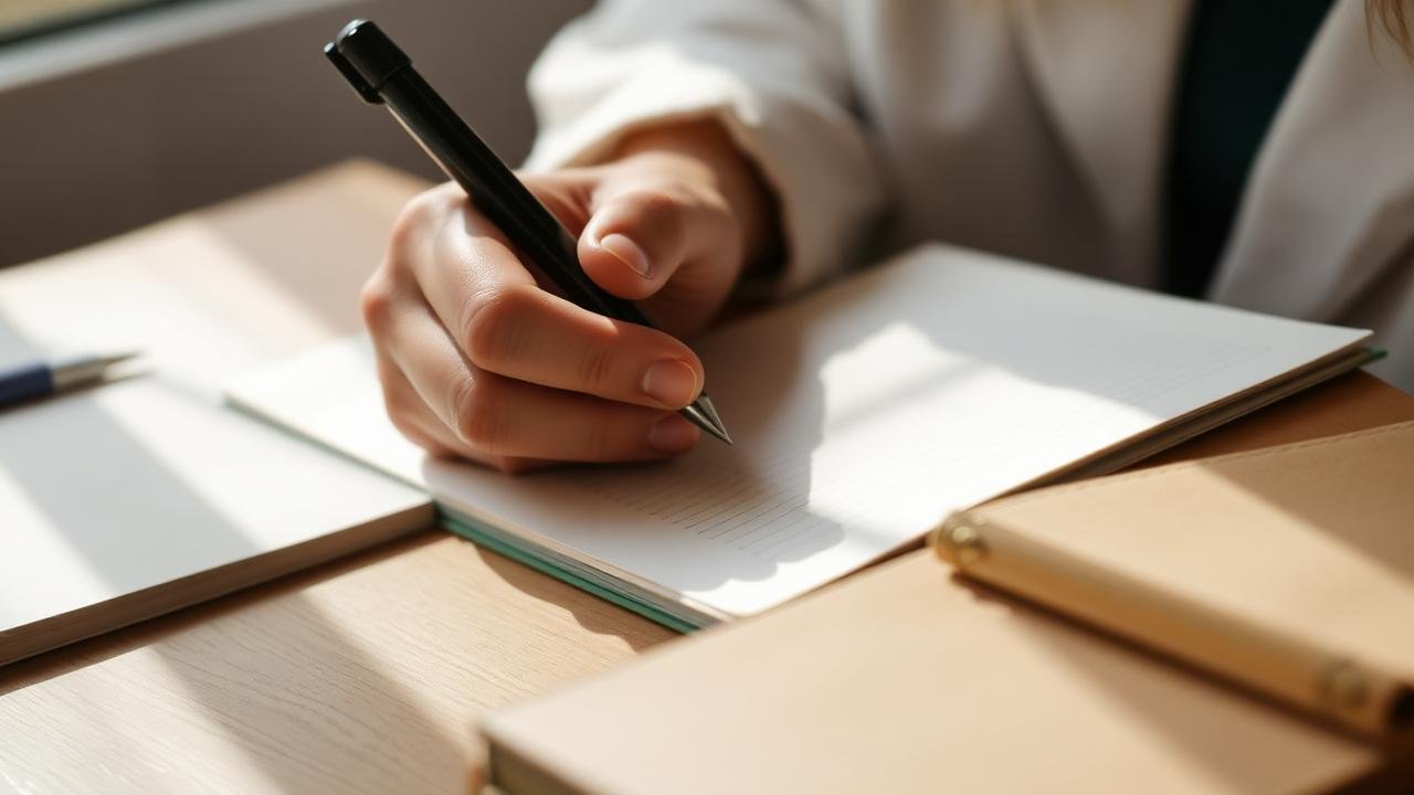 A practitioner's hands making notes in a journal by a window
