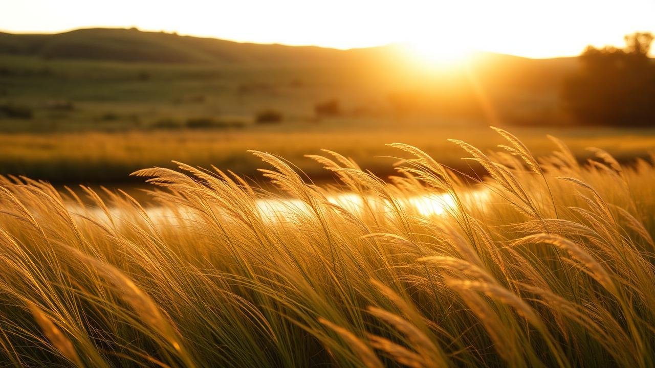 Golden-hour light across tall grass beside still water