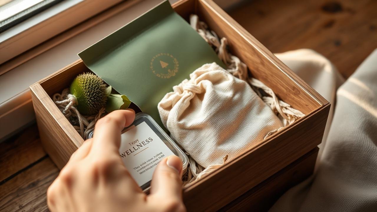Hands opening a wooden wellness box with tea and a linen pouch