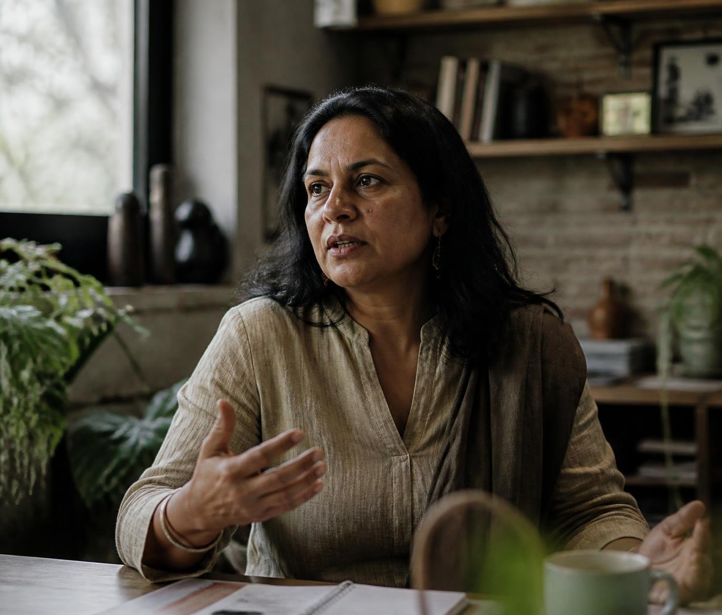 Arti, founder of Amoda Wellness, in conversation in a warm, lived-in studio